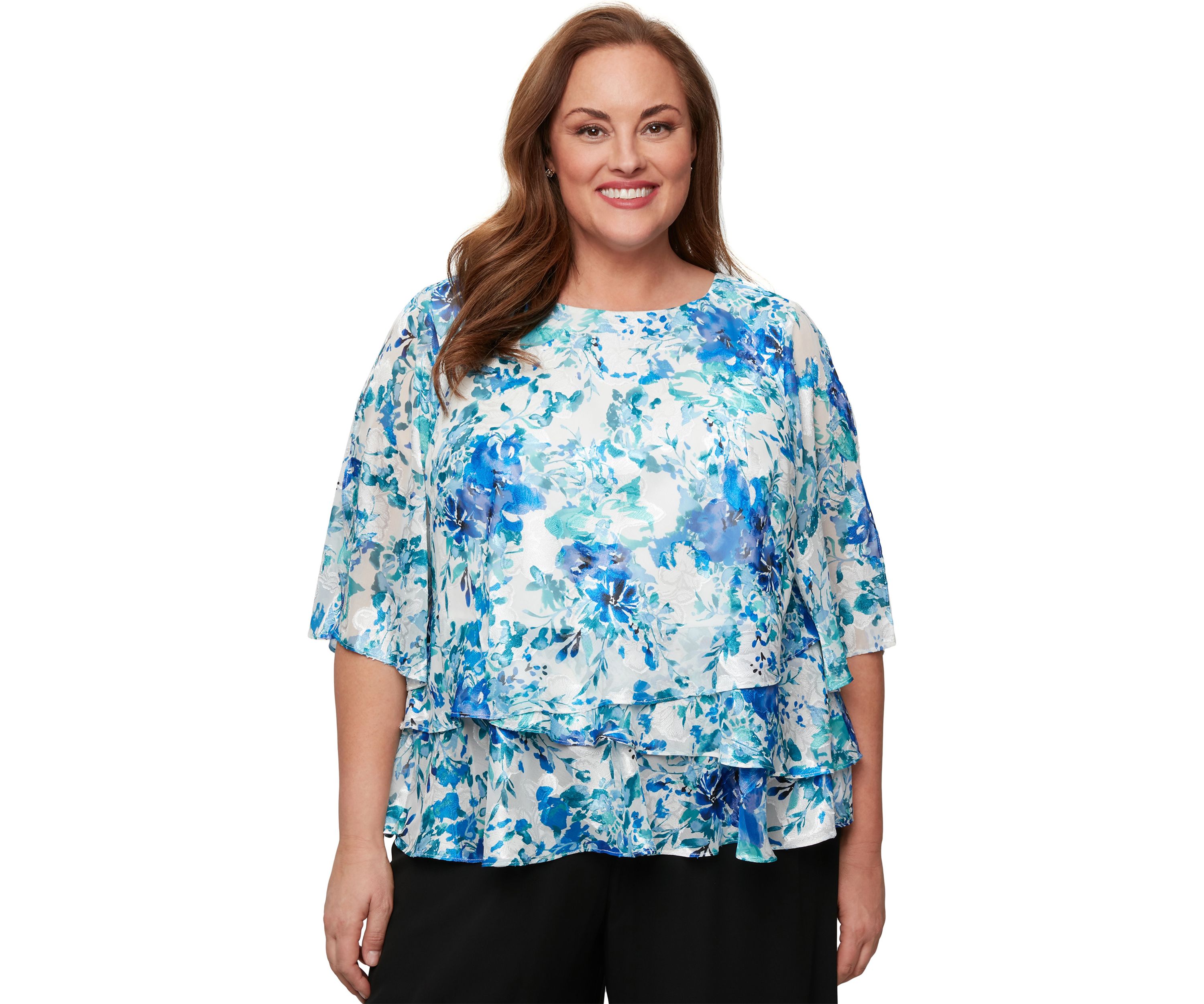 Plus Size 3/4 Sleeve Printed Chiffon Burnout Blouse