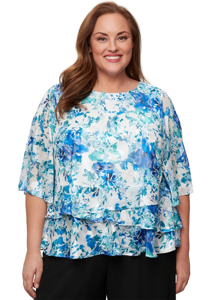 Plus Size 3/4 Sleeve Printed Chiffon Burnout Blouse