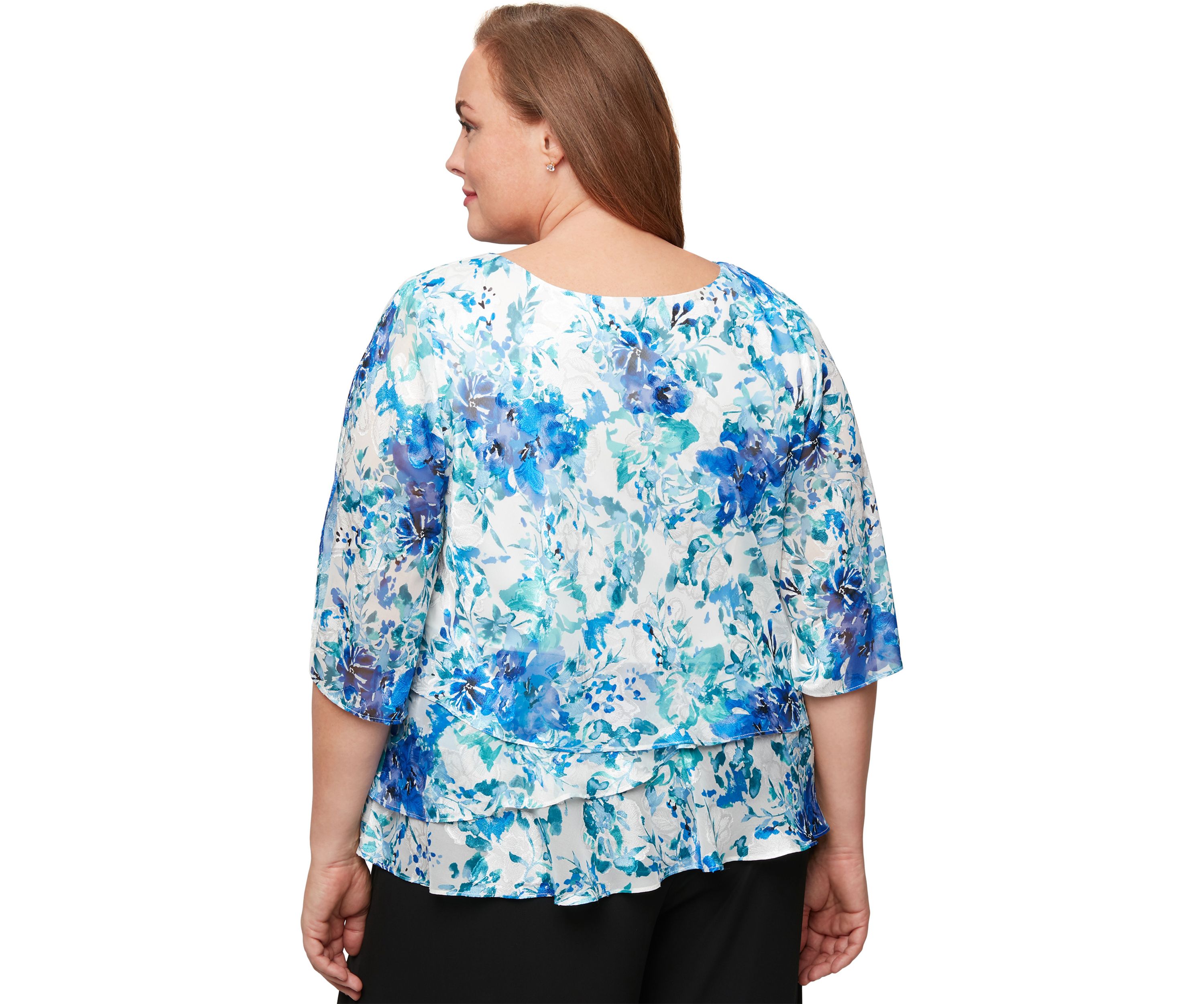 Plus Size 3/4 Sleeve Printed Chiffon Burnout Blouse