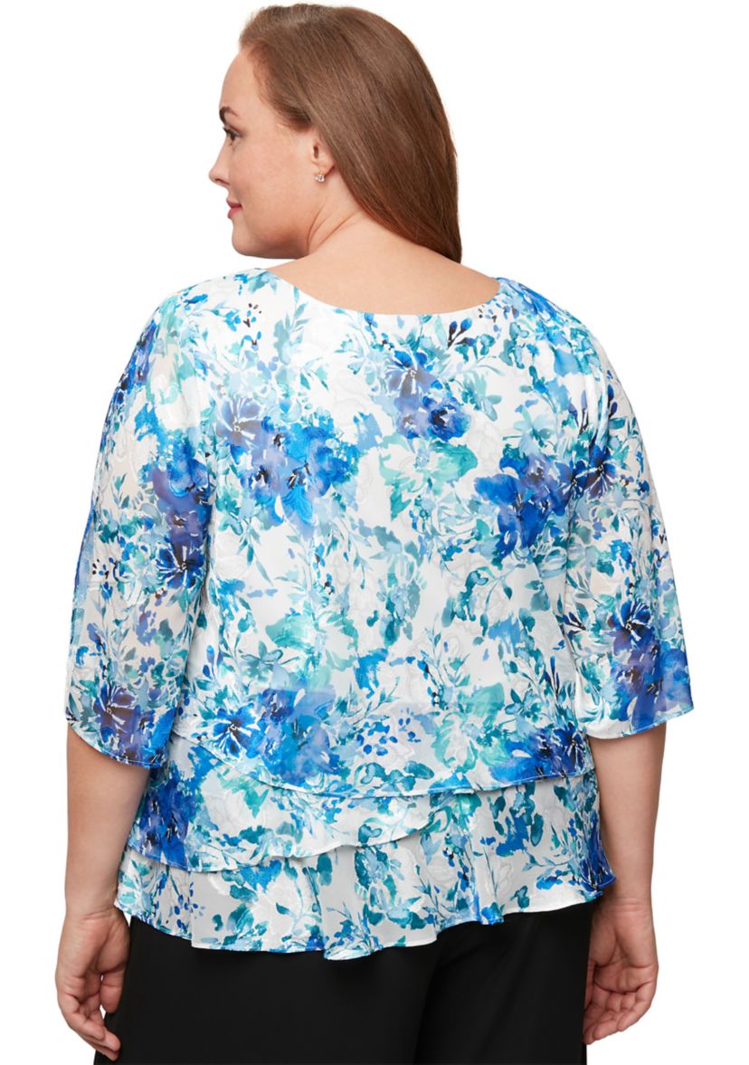 Plus Size 3/4 Sleeve Printed Chiffon Burnout Blouse