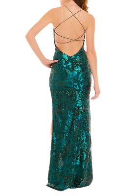 Women's Spaghetti Strap Cross Back Placed Sequin Glim Gown