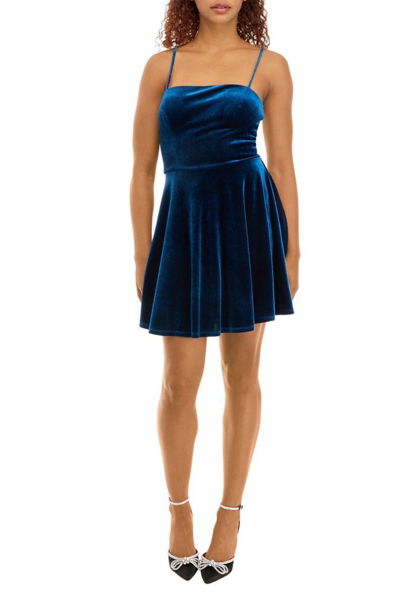 Womens Strappy Solid Velvet Fit and Flare Dress