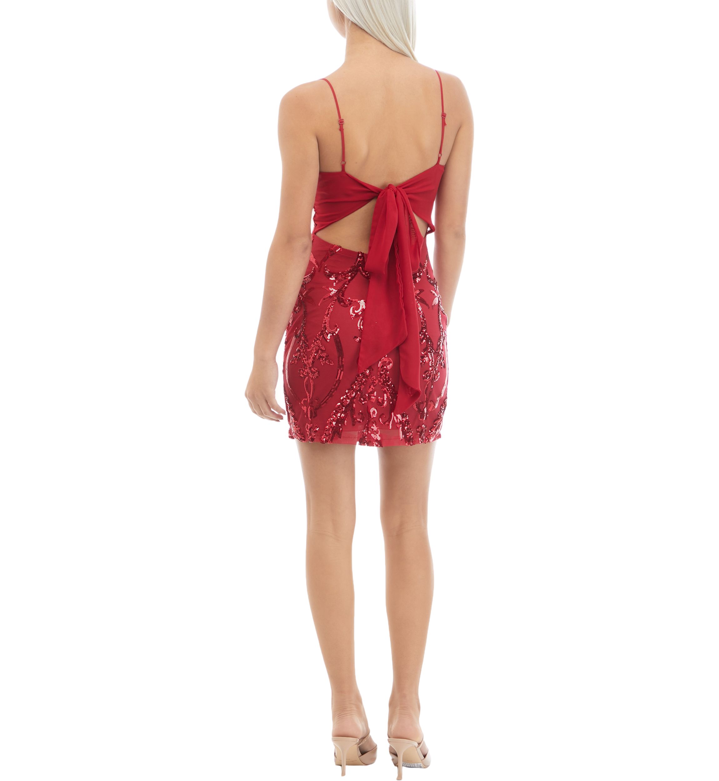 Womens Spaghetti Strap V-Neck Bodycon Dress with Tie Back