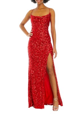 Women's Cowl Neck Spaghetti Strap Allover Stretch Sequin Slim Gown