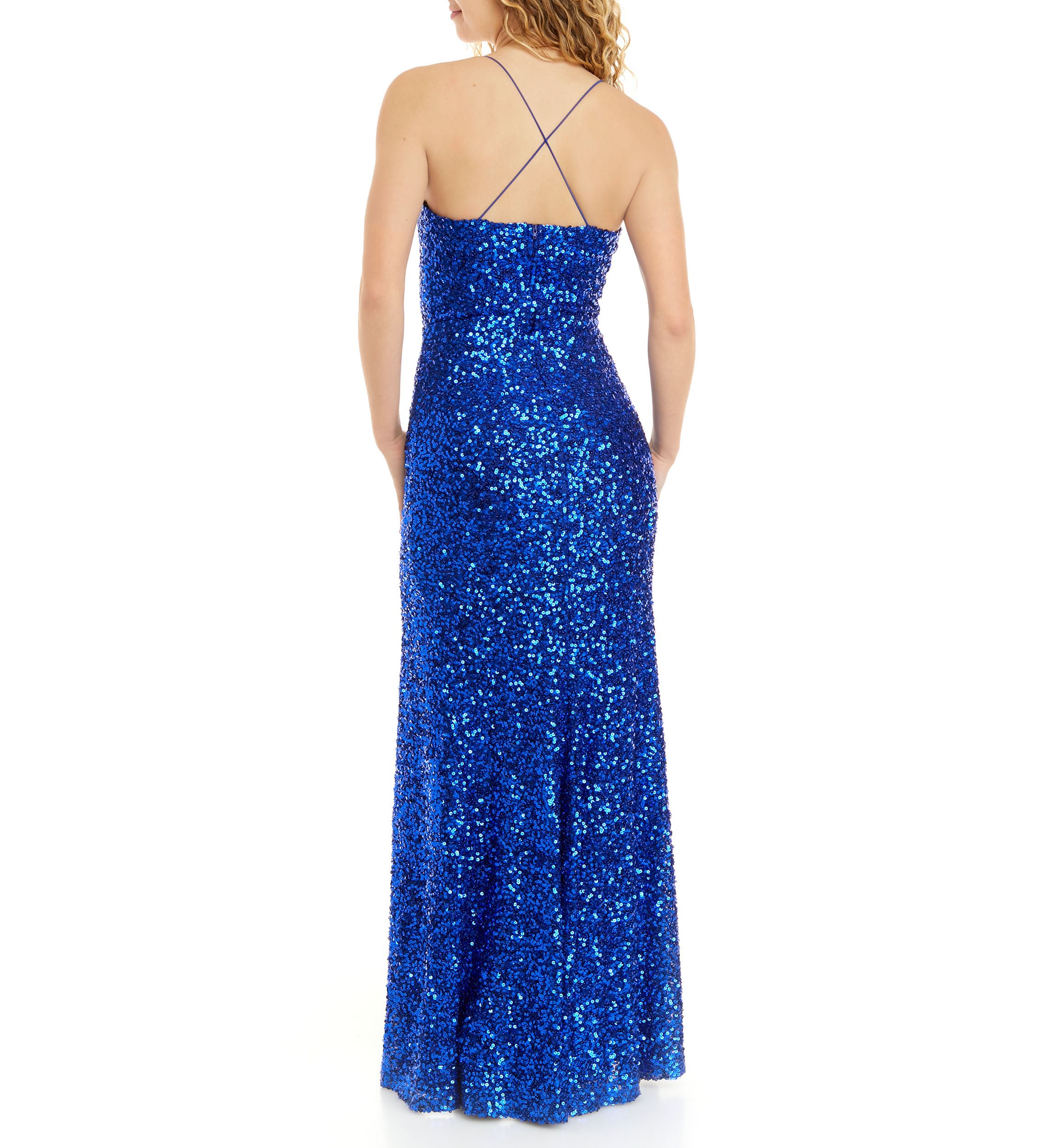 Womens Cowl Neck Spaghetti Strap Allover Stretch Sequin Slim Gown