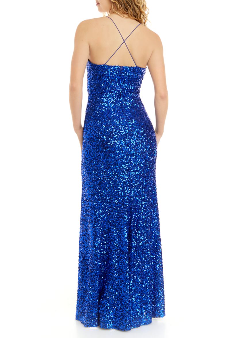 Womens Cowl Neck Spaghetti Strap Allover Stretch Sequin Slim Gown