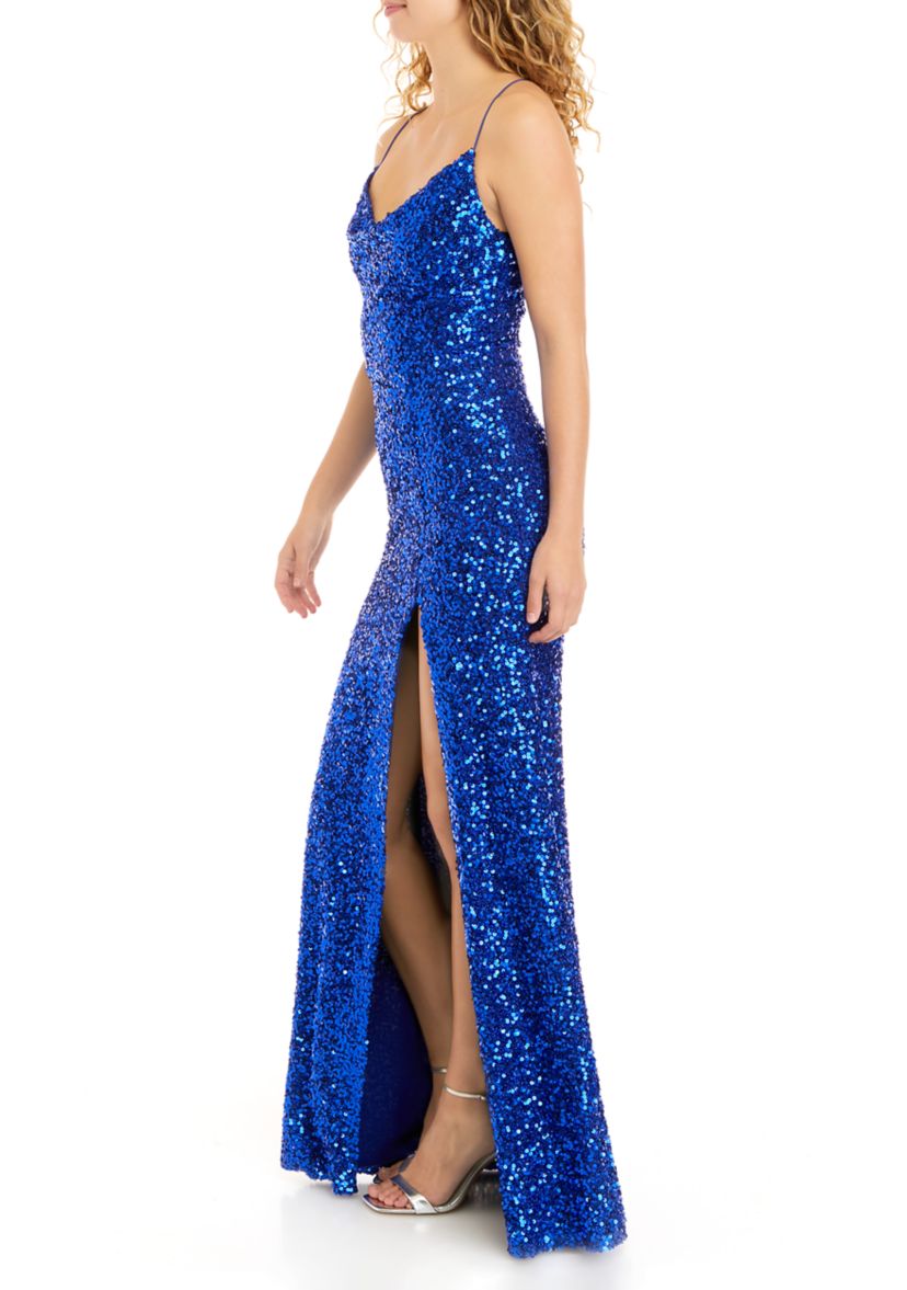 Womens Cowl Neck Spaghetti Strap Allover Stretch Sequin Slim Gown