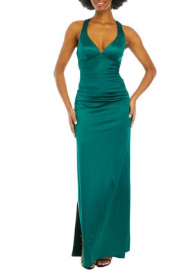 Women's V-Neck Satin Ruched Gown
