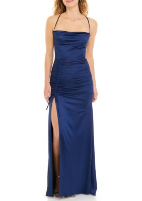 B. Darlin Women's Spaghetti Strap Cowl Neck Side Ruched Solid Satin Slim Gown