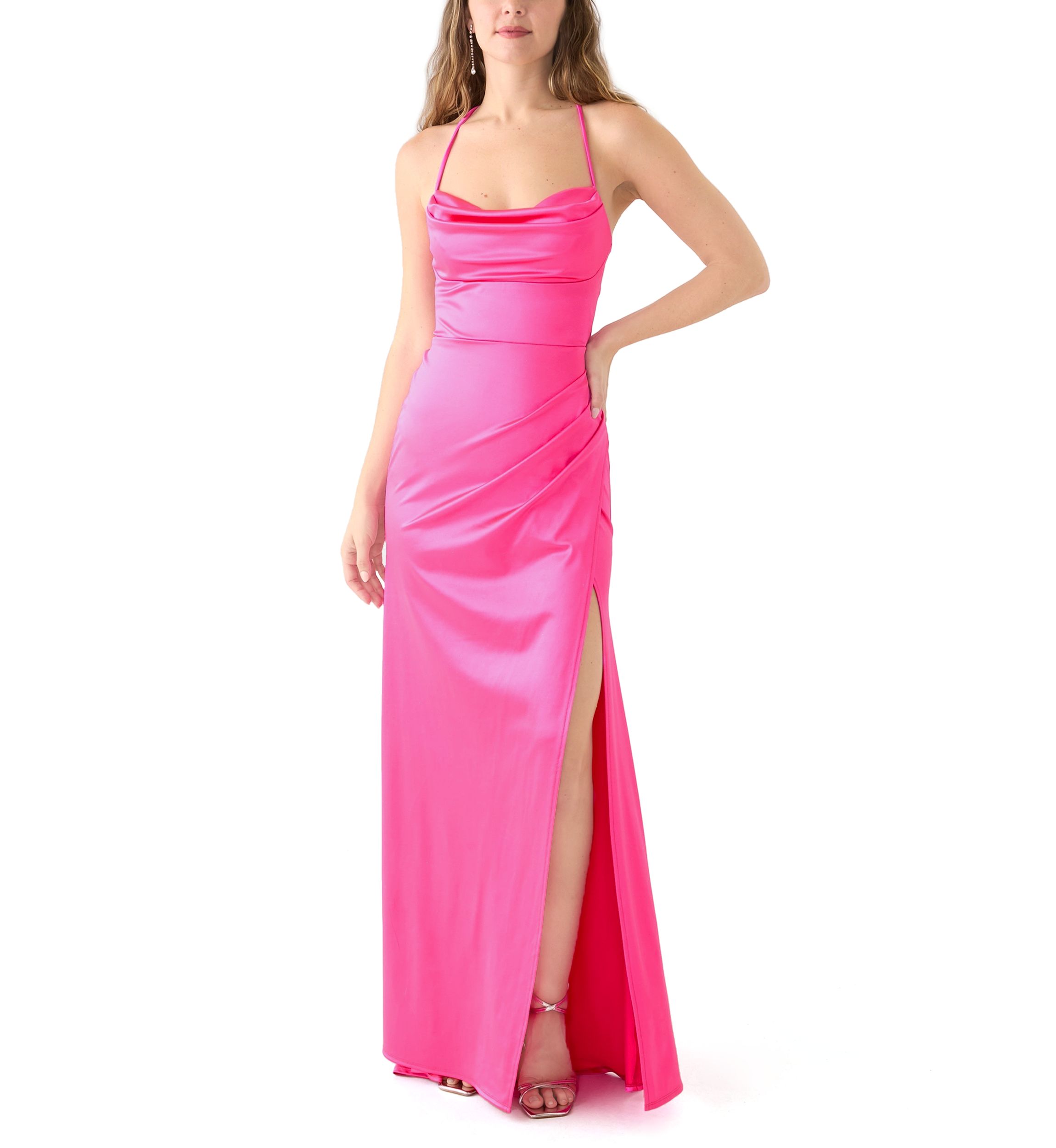 Womens Sleeveless Cowl Neck Solid Satin Gown