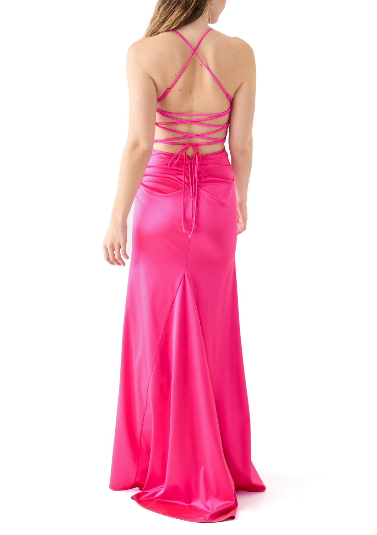 Womens Sleeveless Cowl Neck Solid Satin Gown
