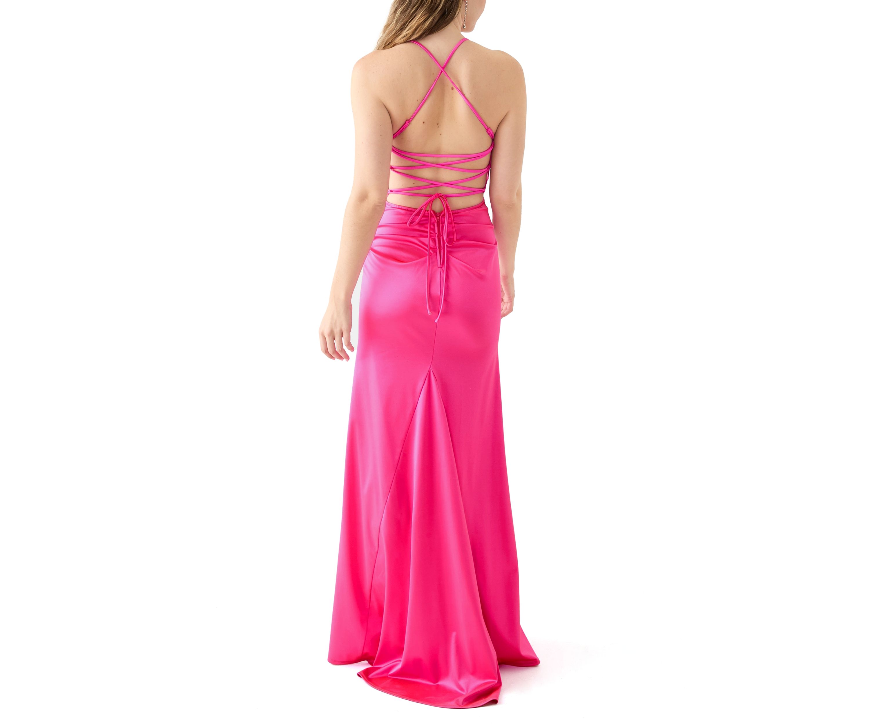 Womens Sleeveless Cowl Neck Solid Satin Gown