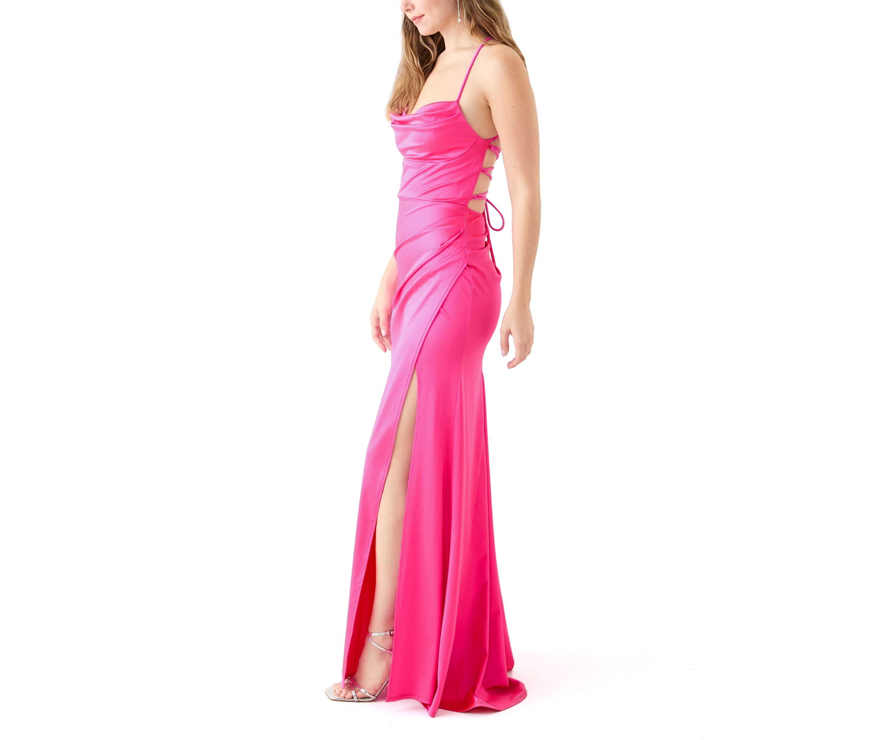 Womens Sleeveless Cowl Neck Solid Satin Gown
