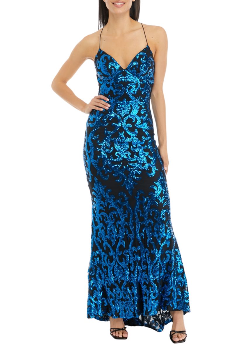 Womens V-Neck Sleeveless Pattern Sequin Slim Gown