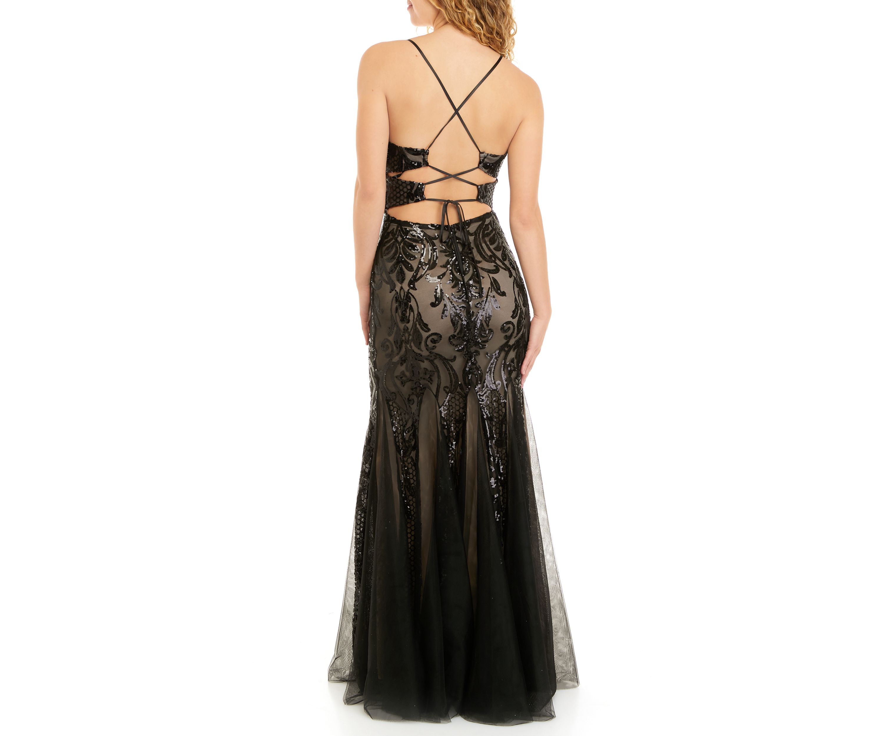 Womens V-Neck Spaghetti Strappy Back Placed Sequin Sheath Gown