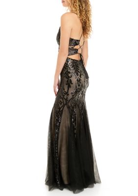 Women's V-Neck Spaghetti Strappy Back Placed Sequin Sheath Gown