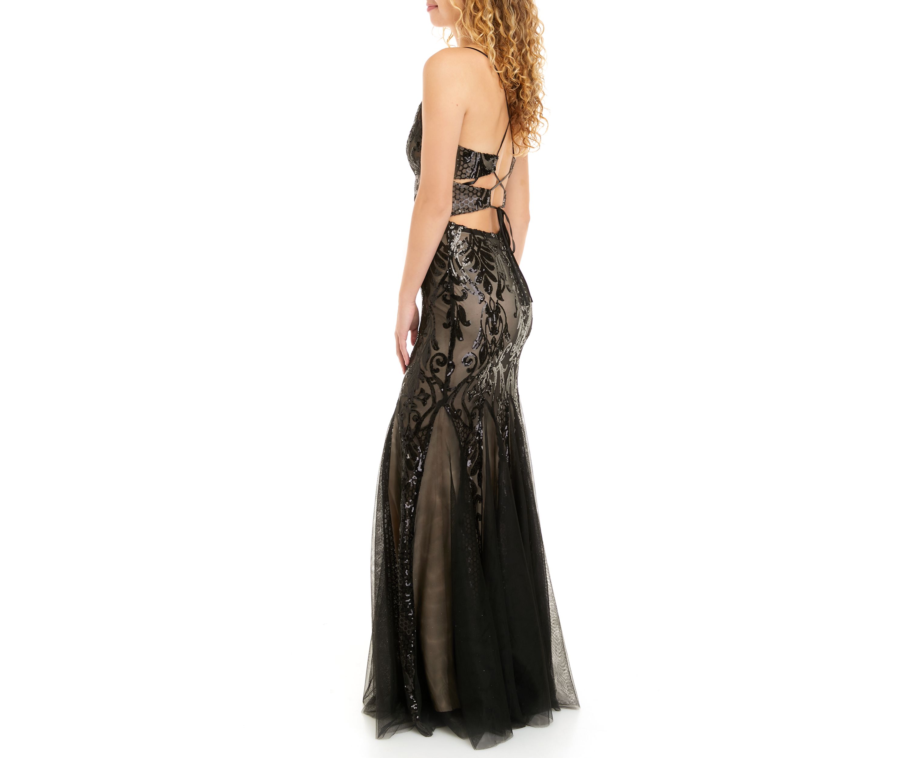 Womens V-Neck Spaghetti Strappy Back Placed Sequin Sheath Gown