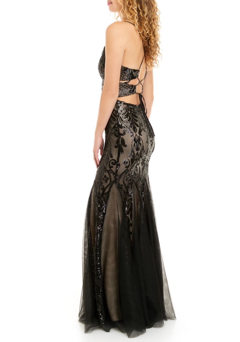 Womens V-Neck Spaghetti Strappy Back Placed Sequin Sheath Gown