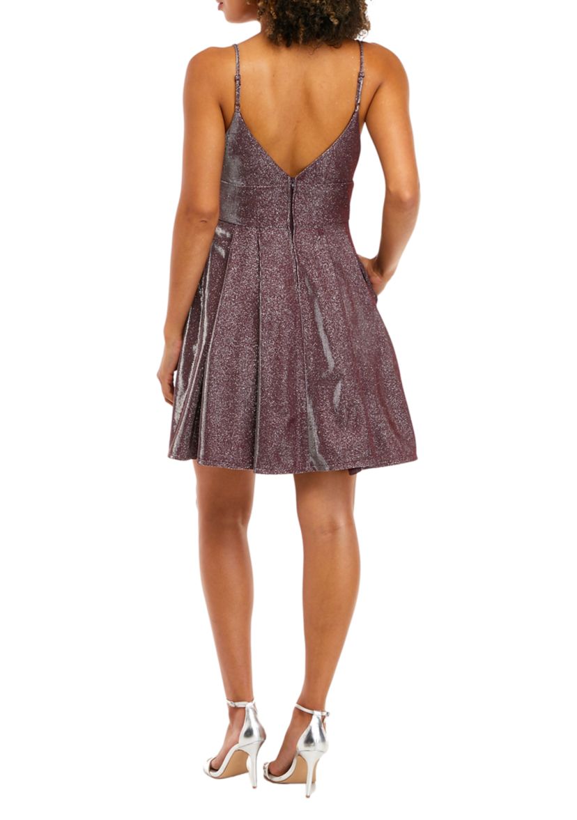 Womens V-Neck Glitter Shine Fit and Flare Dress