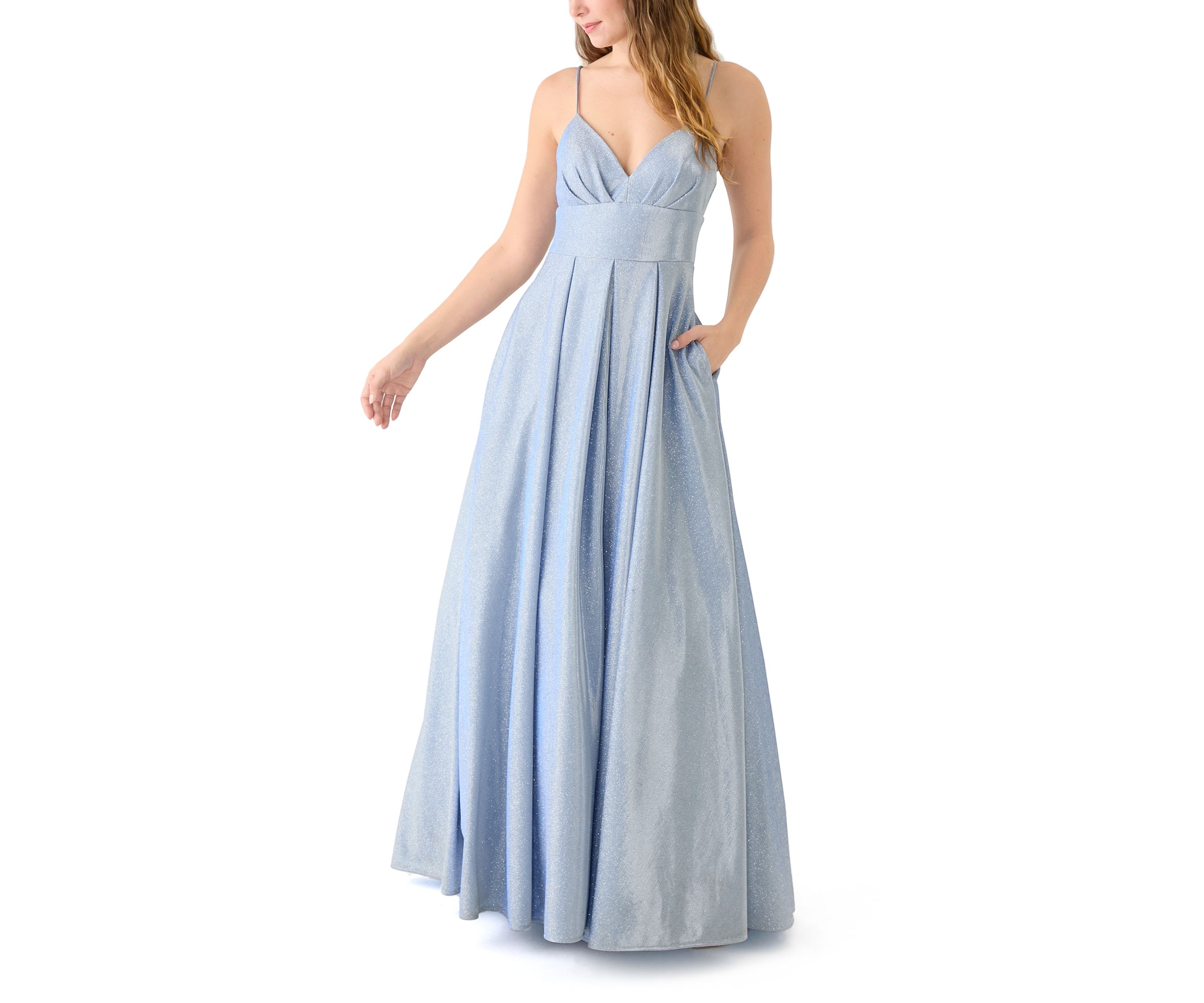 Womens Sleeveless V-Neck Solid Glitter Ballgown 