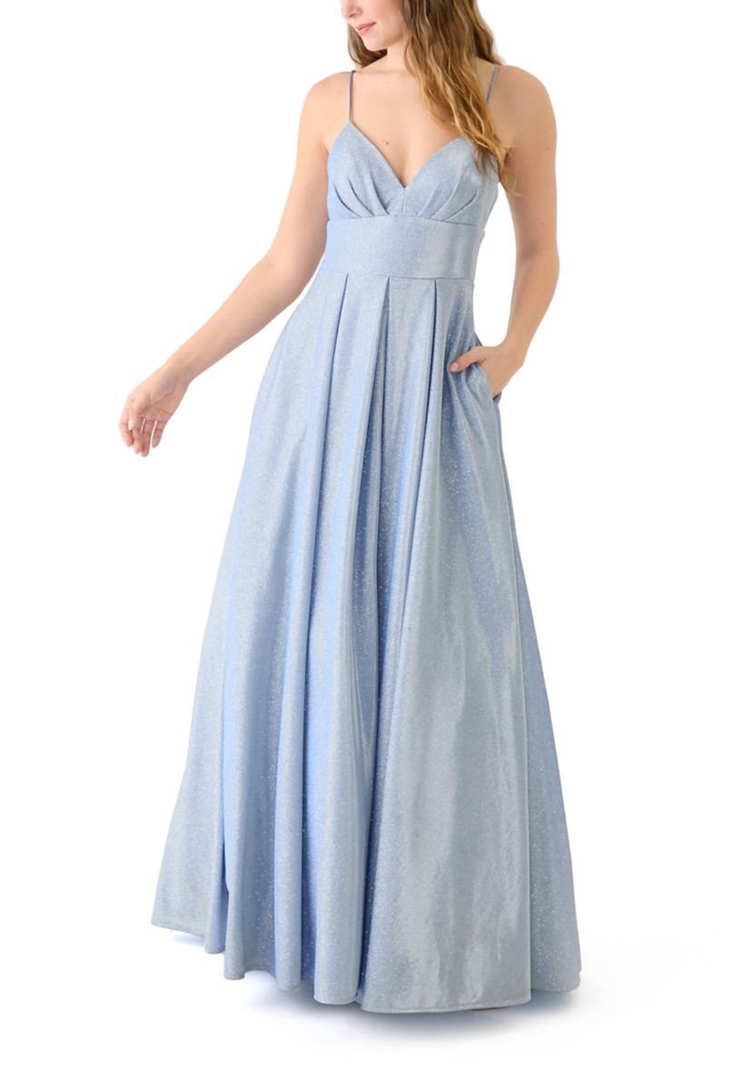 Womens Sleeveless V-Neck Solid Glitter Ballgown 