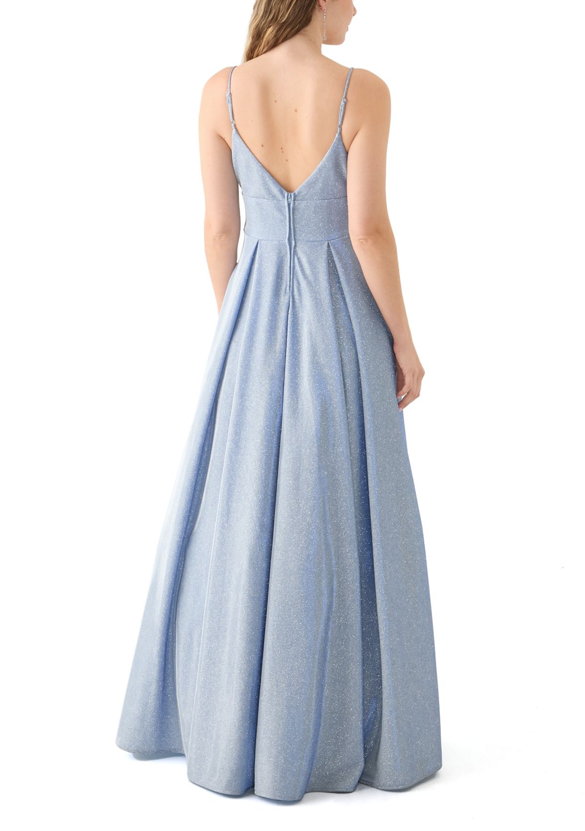 Womens Sleeveless V-Neck Solid Glitter Ballgown 