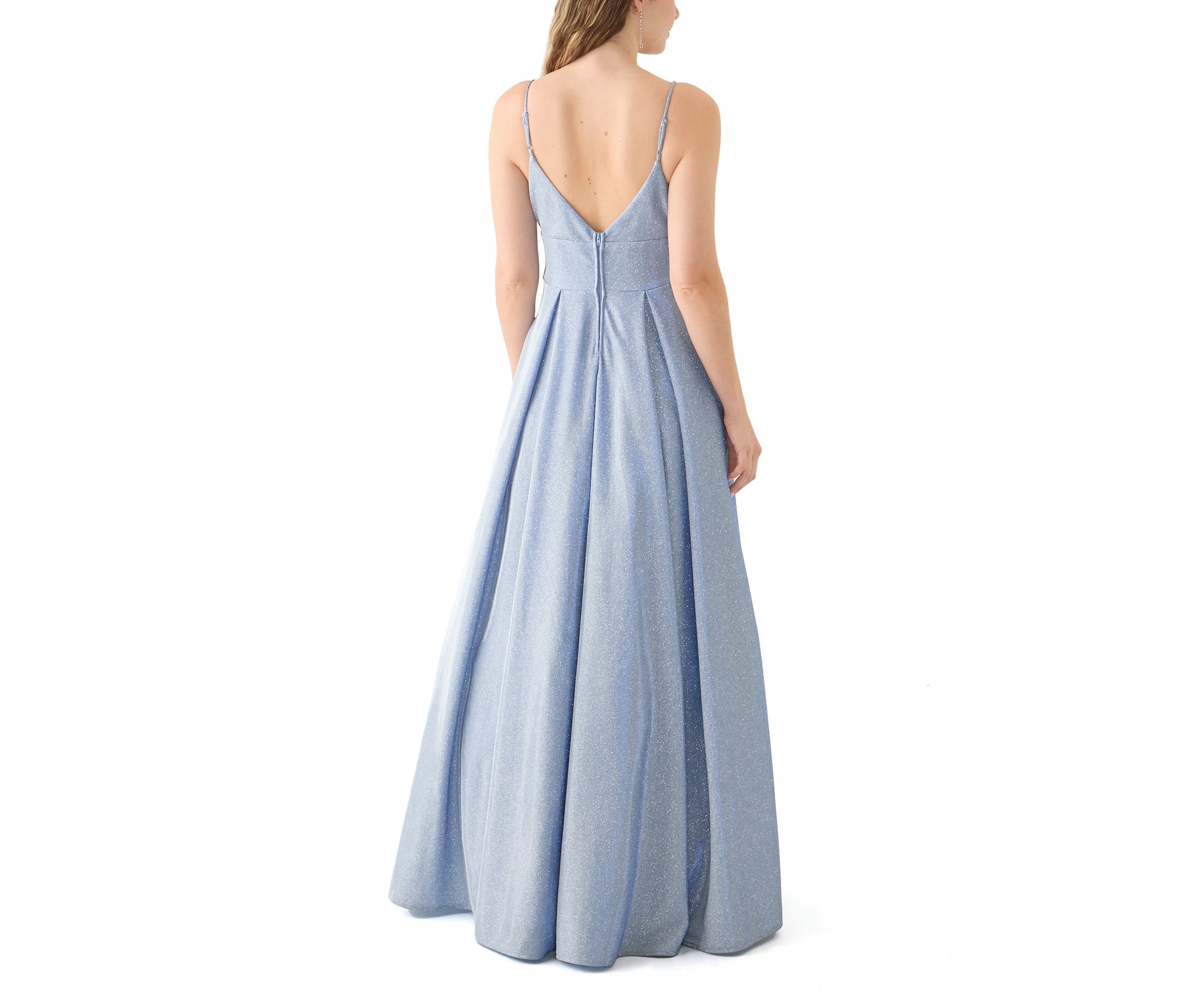 Womens Sleeveless V-Neck Solid Glitter Ballgown 
