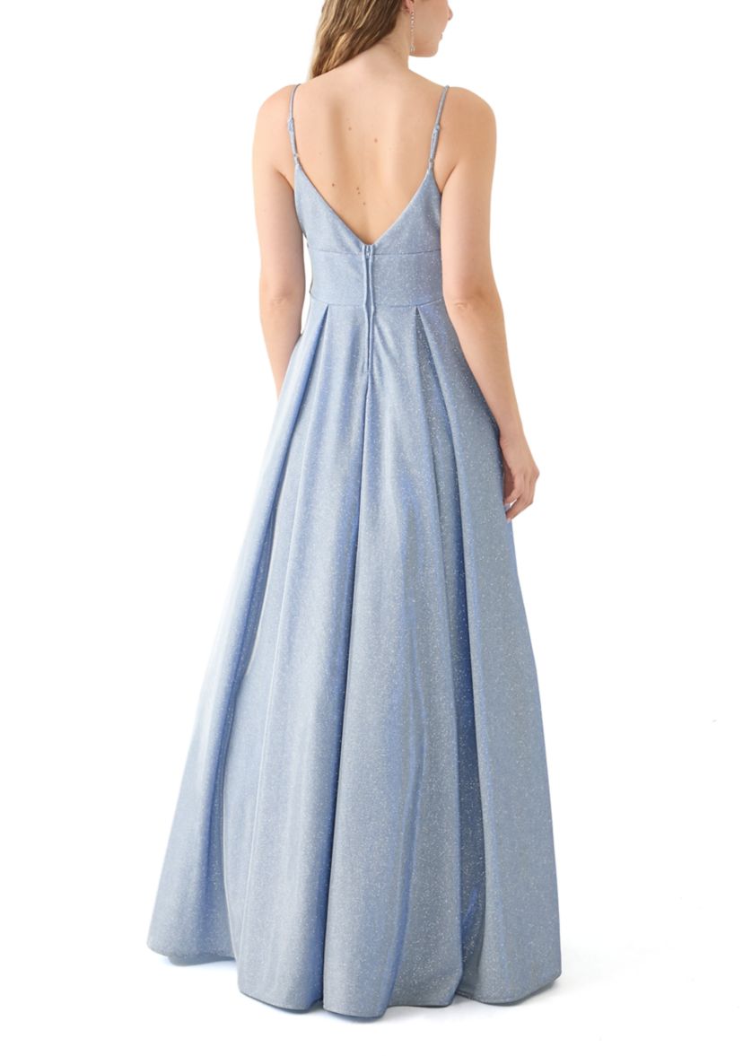 Womens Sleeveless V-Neck Solid Glitter Ballgown 