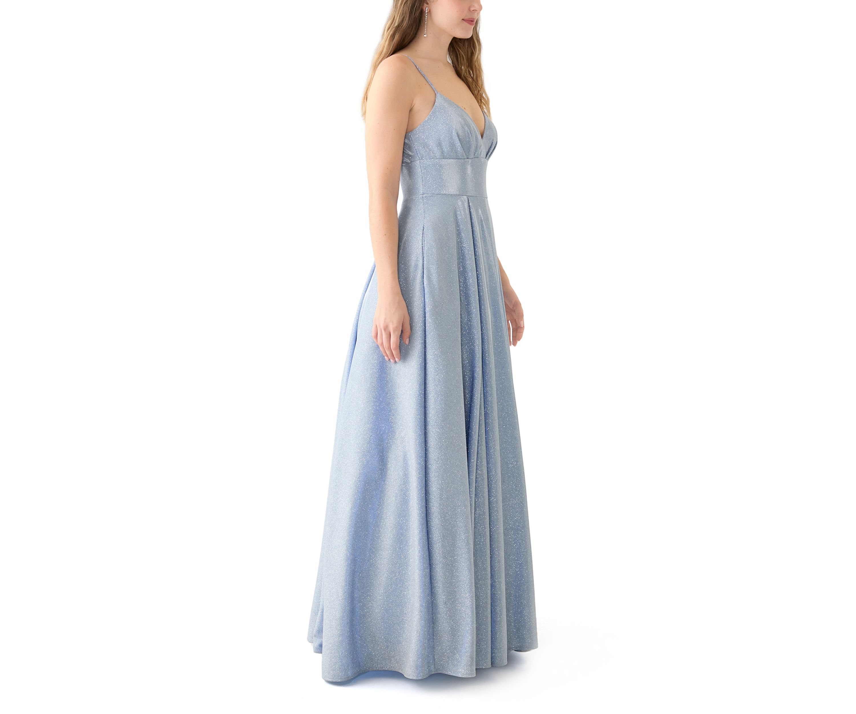 Womens Sleeveless V-Neck Solid Glitter Ballgown 