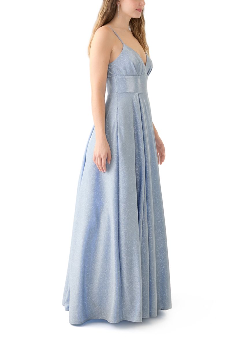 Womens Sleeveless V-Neck Solid Glitter Ballgown 