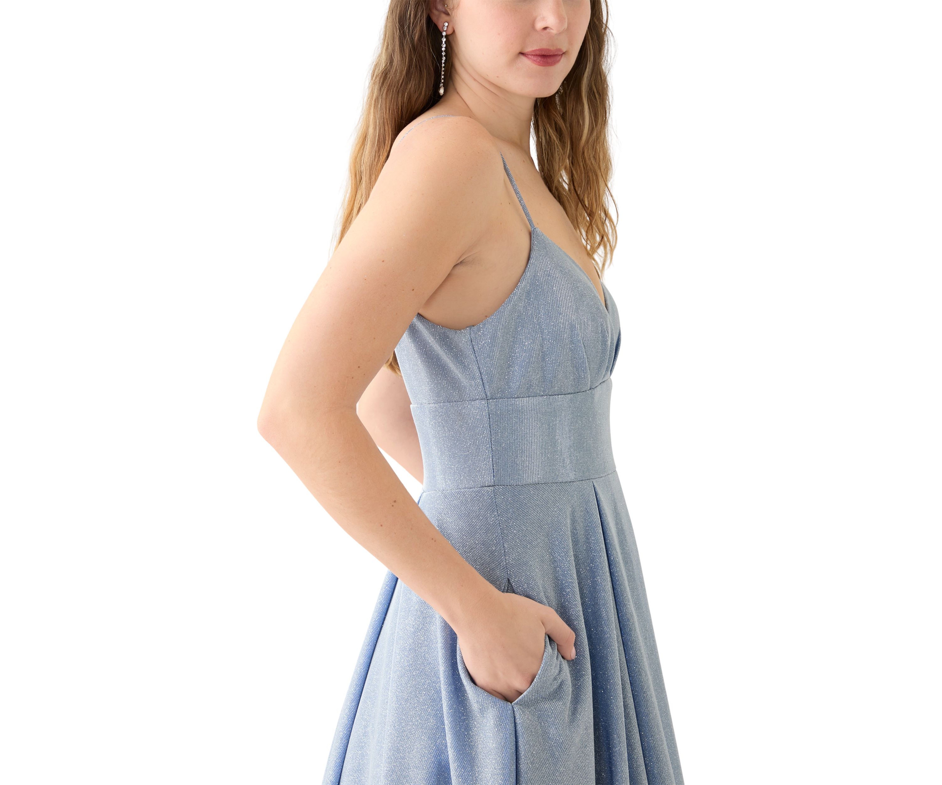 Womens Sleeveless V-Neck Solid Glitter Ballgown 