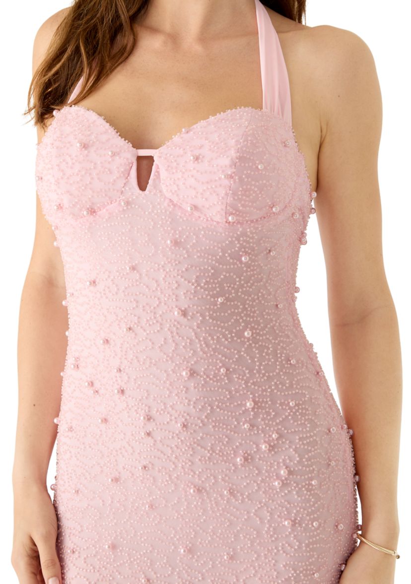 perla halter mini dress pink Halterneck Pearl Trim Draped Mini Dress In Pink Satin | EGO US