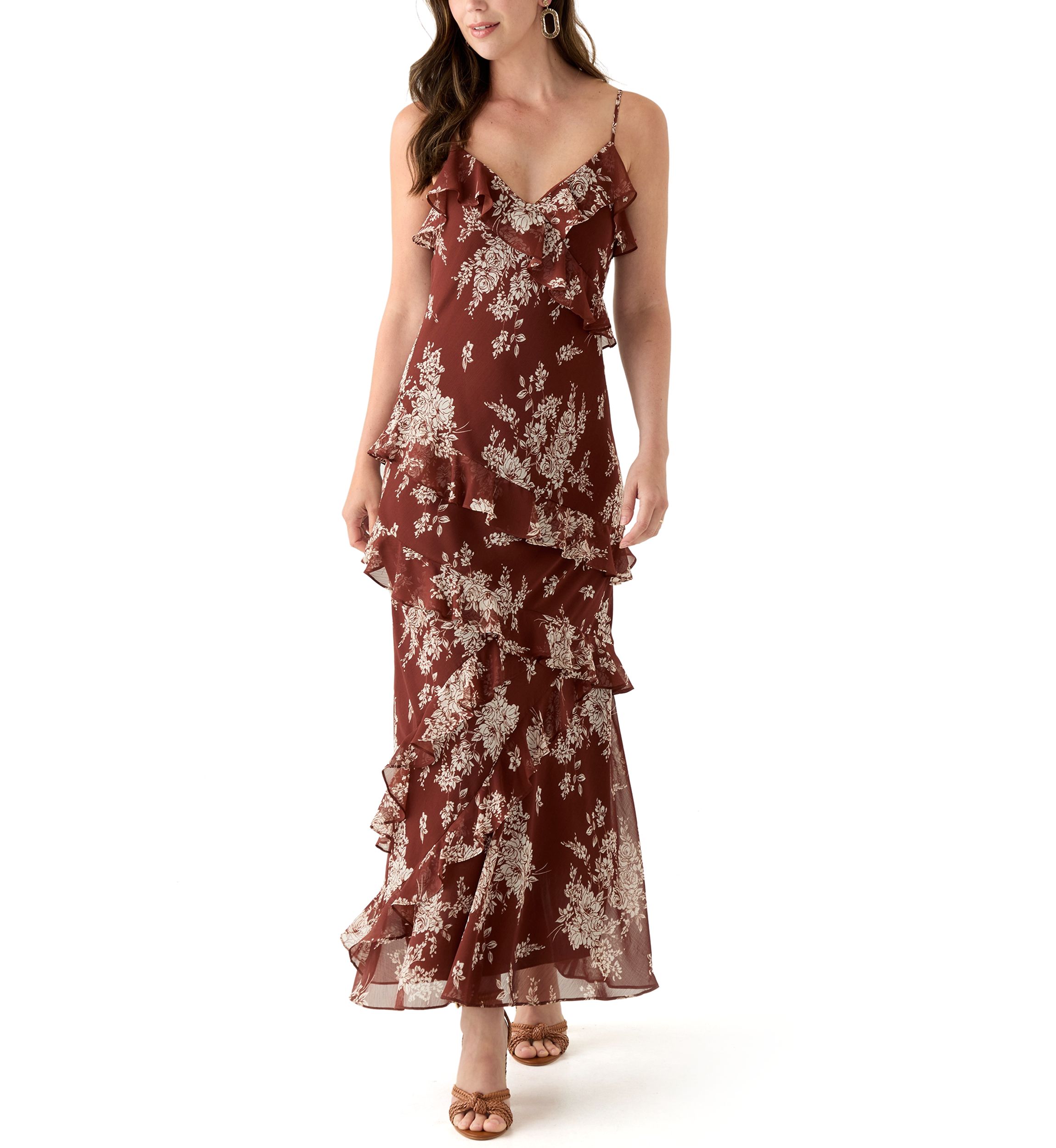 Spaghetti Strap V-Neck Cascading Ruffle Maxi Dress 