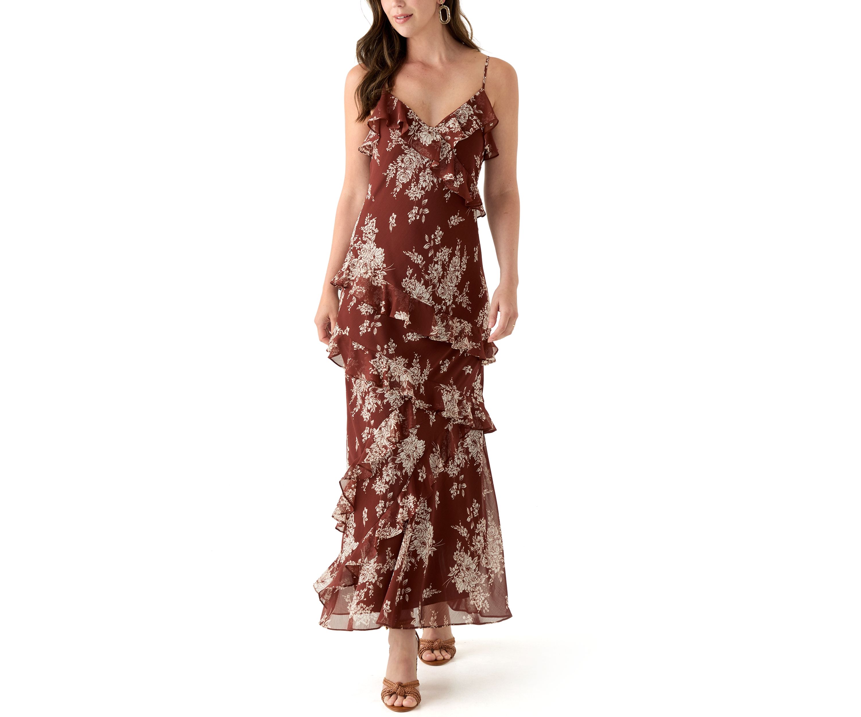 Spaghetti Strap V-Neck Cascading Ruffle Maxi Dress 