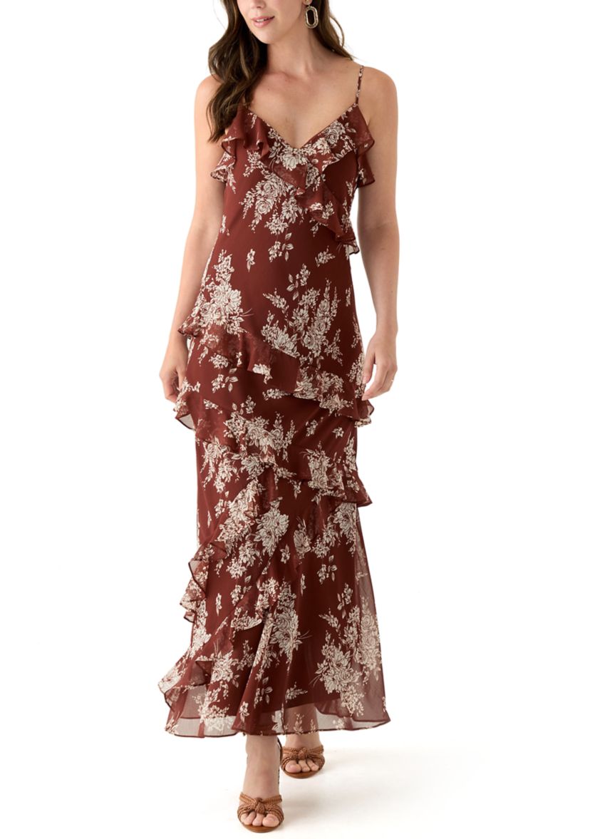 Spaghetti Strap V-Neck Cascading Ruffle Maxi Dress 