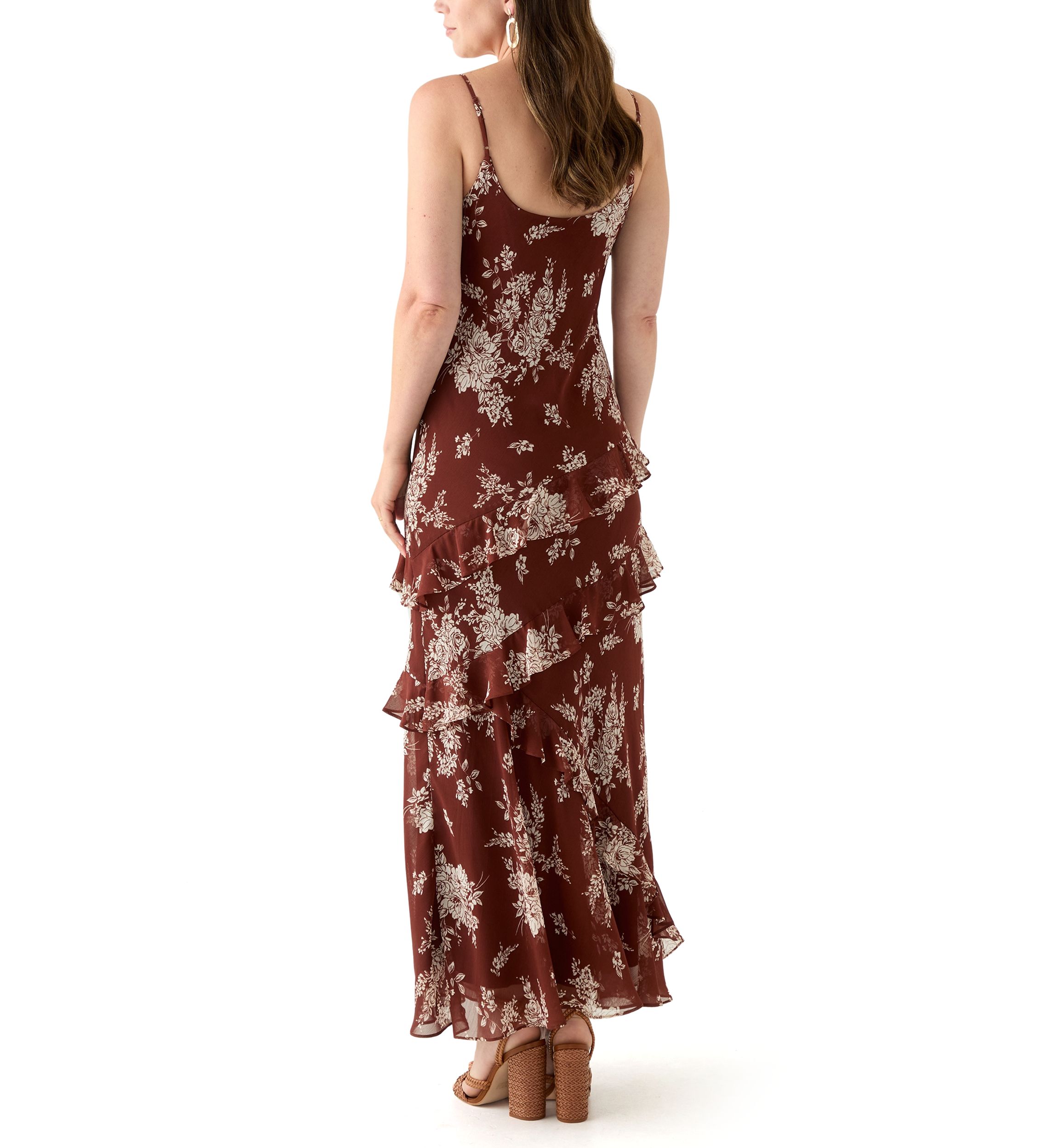 Spaghetti Strap V-Neck Cascading Ruffle Maxi Dress 