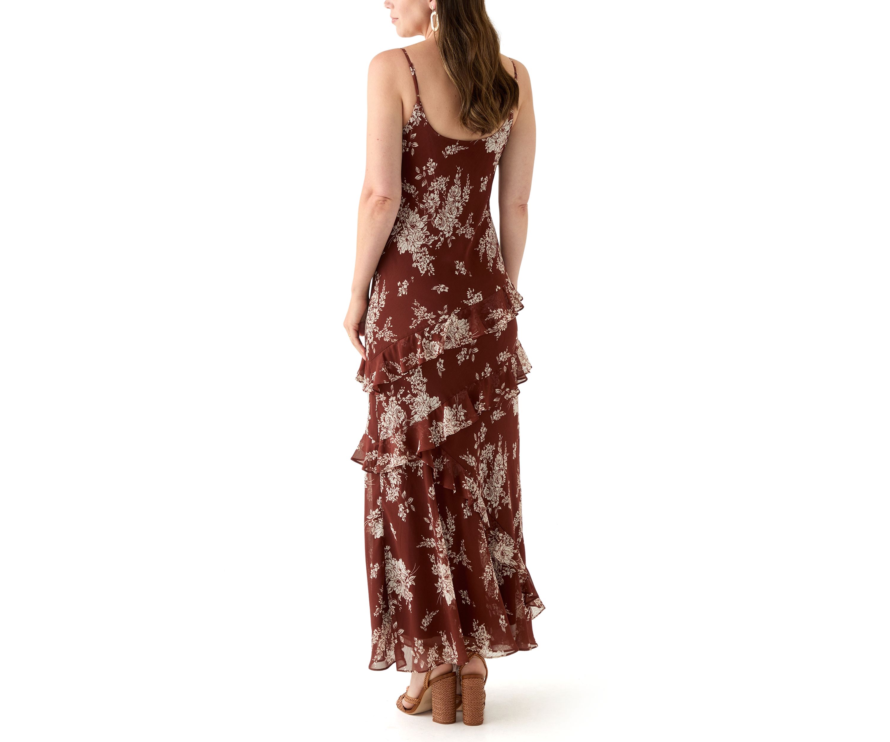 Spaghetti Strap V-Neck Cascading Ruffle Maxi Dress 