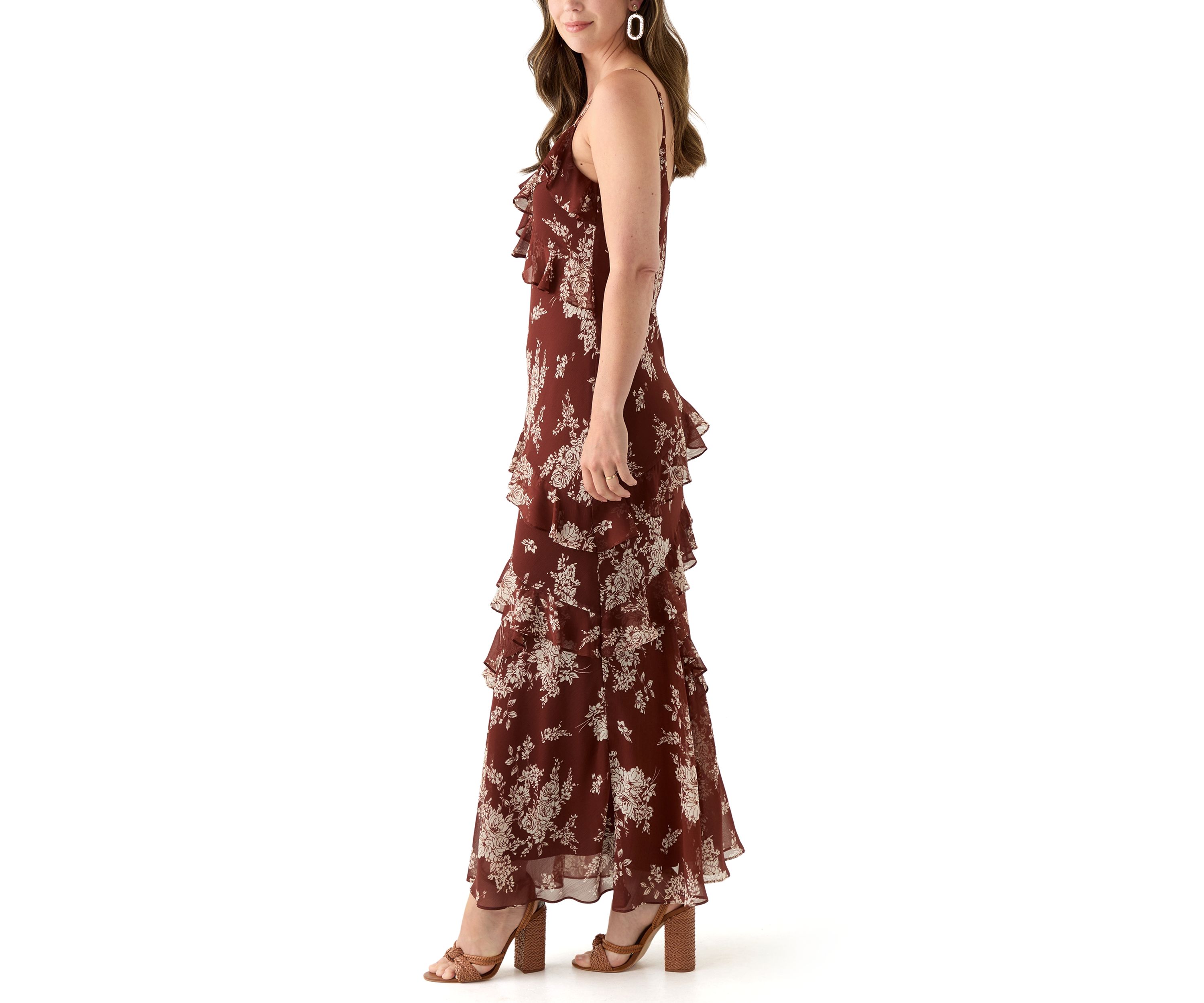 Spaghetti Strap V-Neck Cascading Ruffle Maxi Dress 