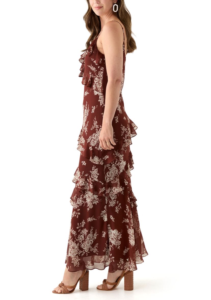 Spaghetti Strap V-Neck Cascading Ruffle Maxi Dress 