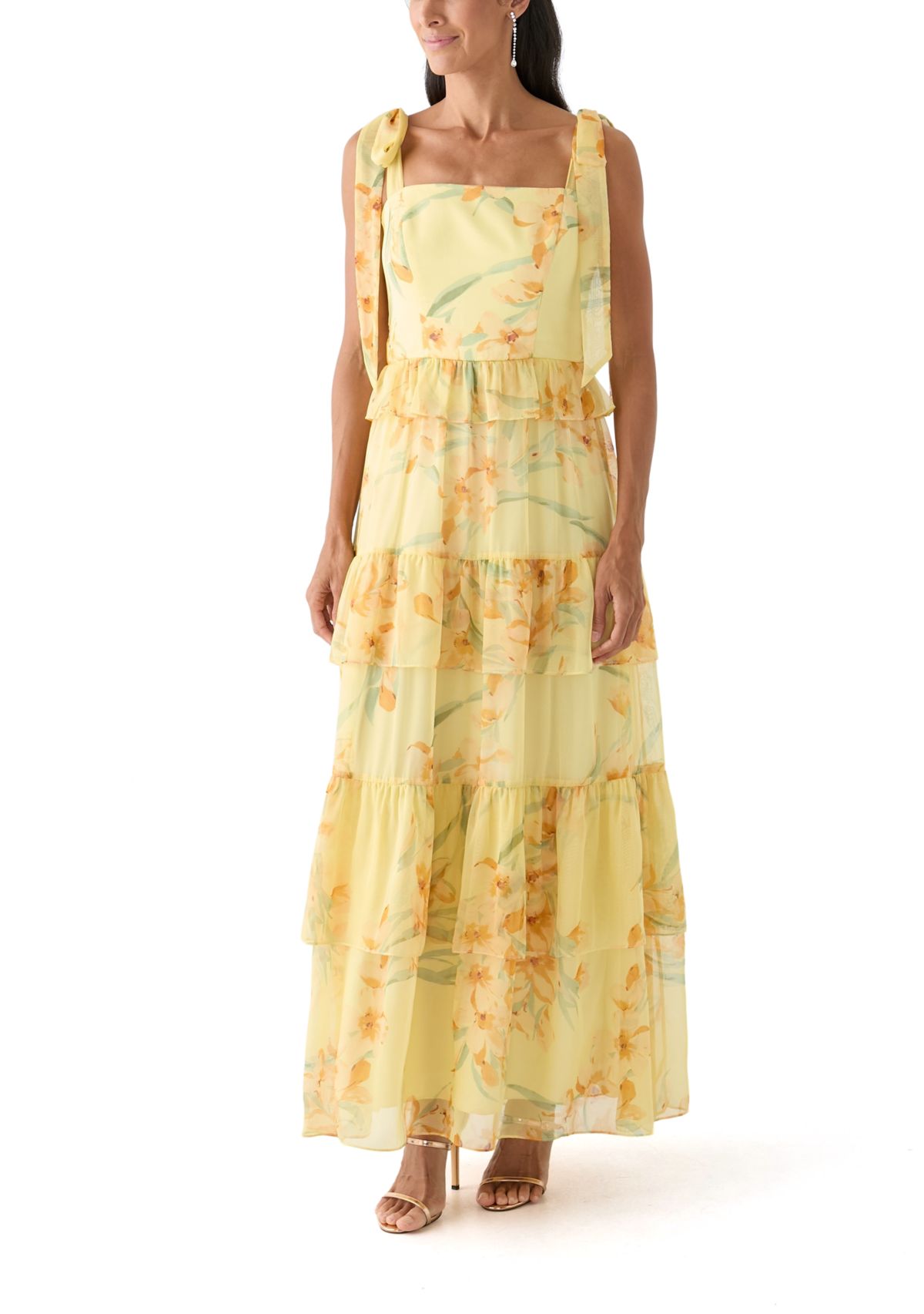 Womens Sleeveless Floral Printed Tiered Ruffle Maxi Dress