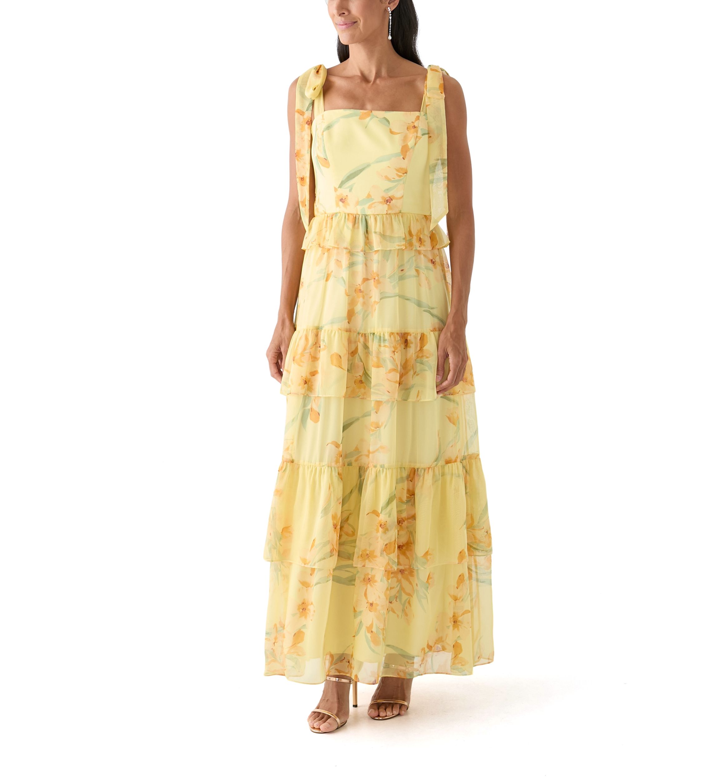 Womens Sleeveless Floral Printed Tiered Ruffle Maxi Dress