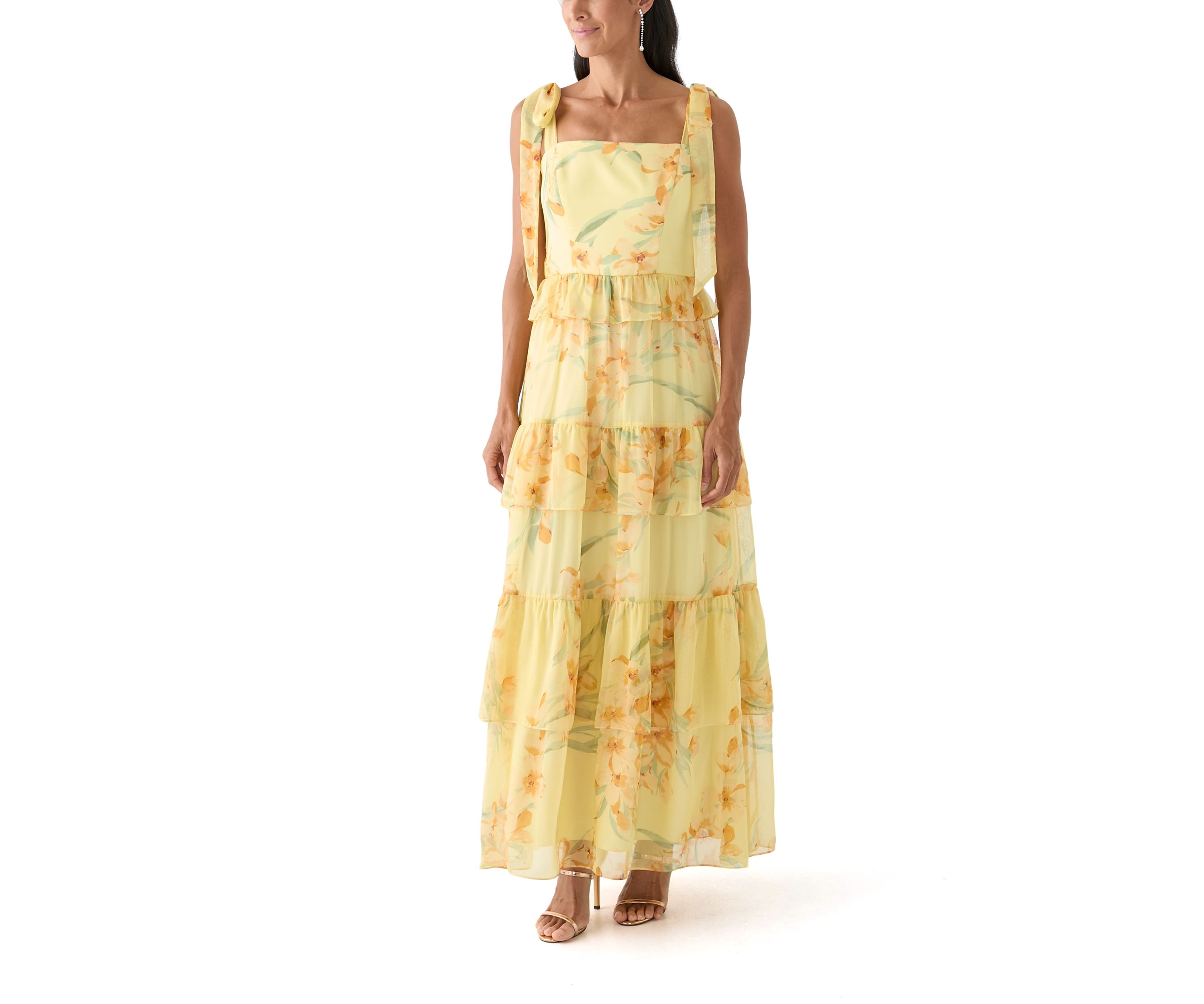 Womens Sleeveless Floral Printed Tiered Ruffle Maxi Dress