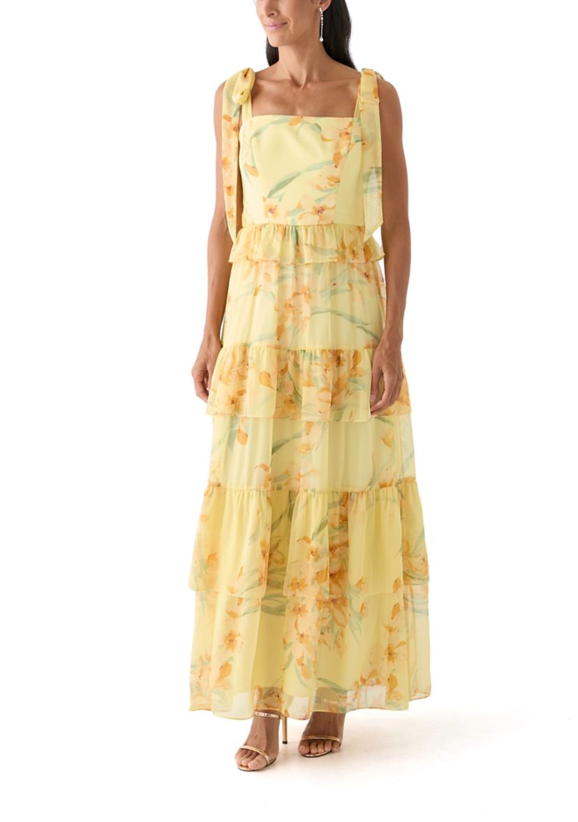 Womens Sleeveless Floral Printed Tiered Ruffle Maxi Dress