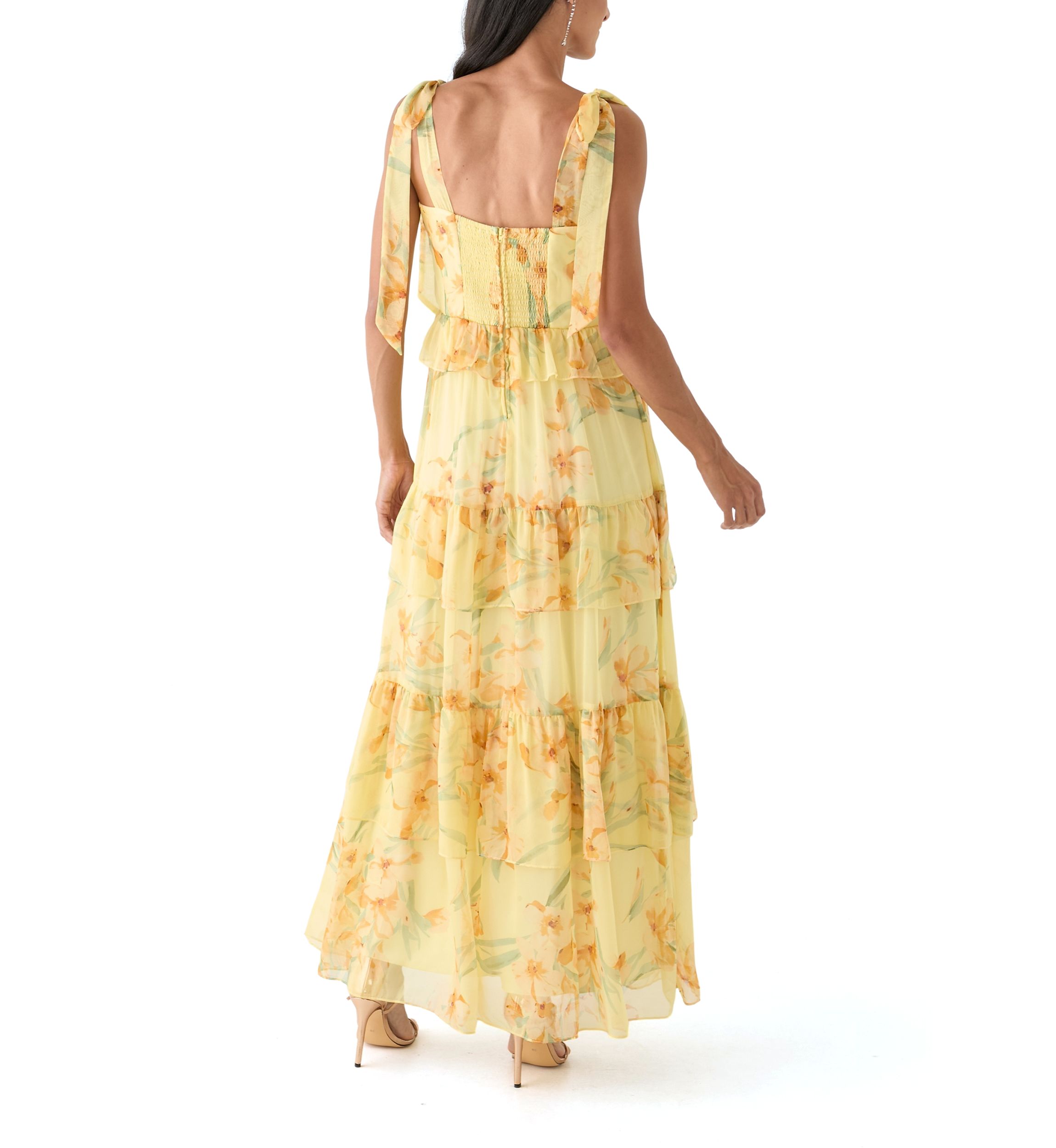 Womens Sleeveless Floral Printed Tiered Ruffle Maxi Dress