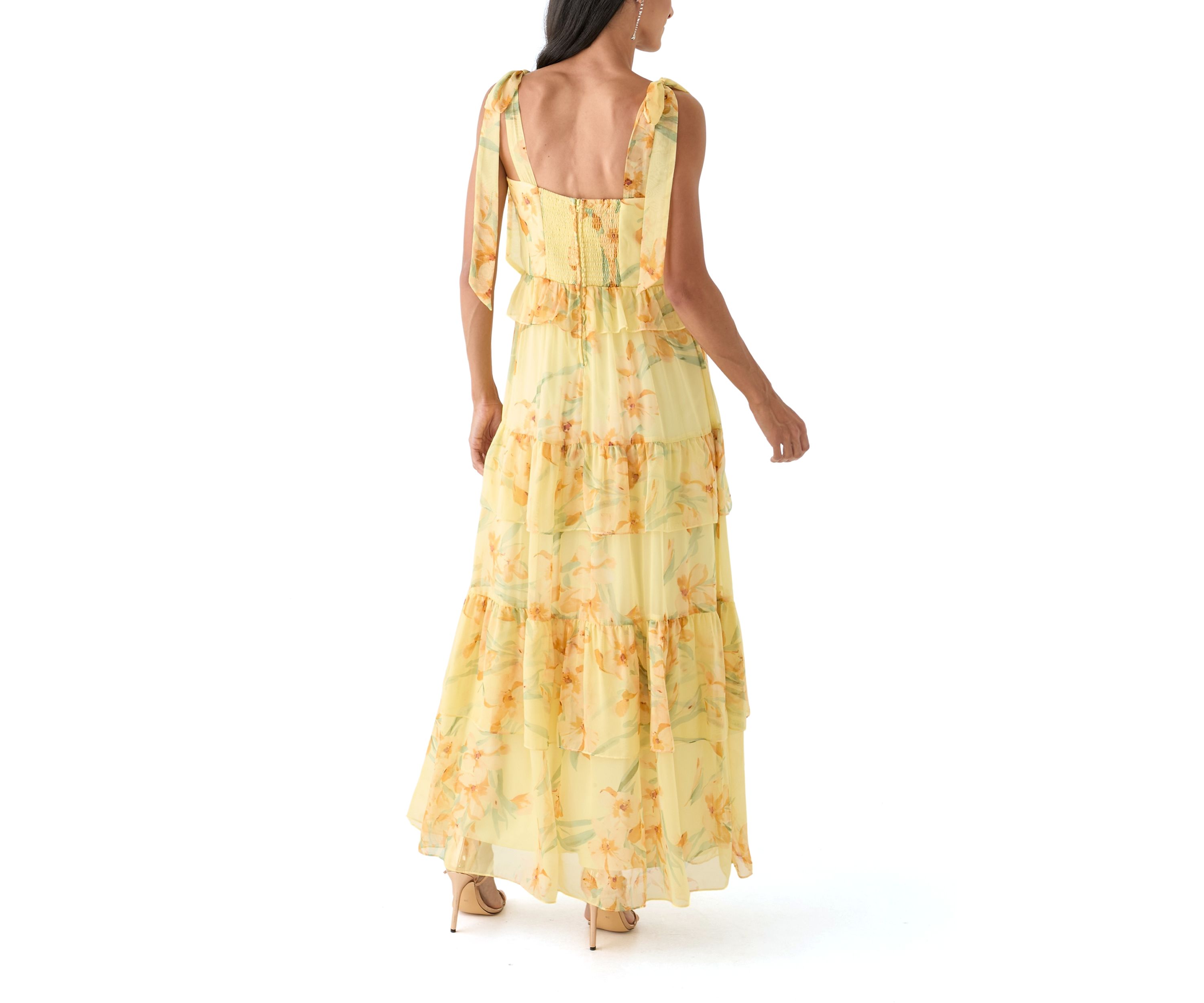 Womens Sleeveless Floral Printed Tiered Ruffle Maxi Dress
