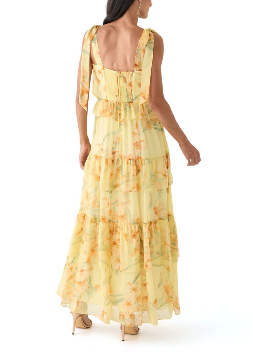 Womens Sleeveless Floral Printed Tiered Ruffle Maxi Dress