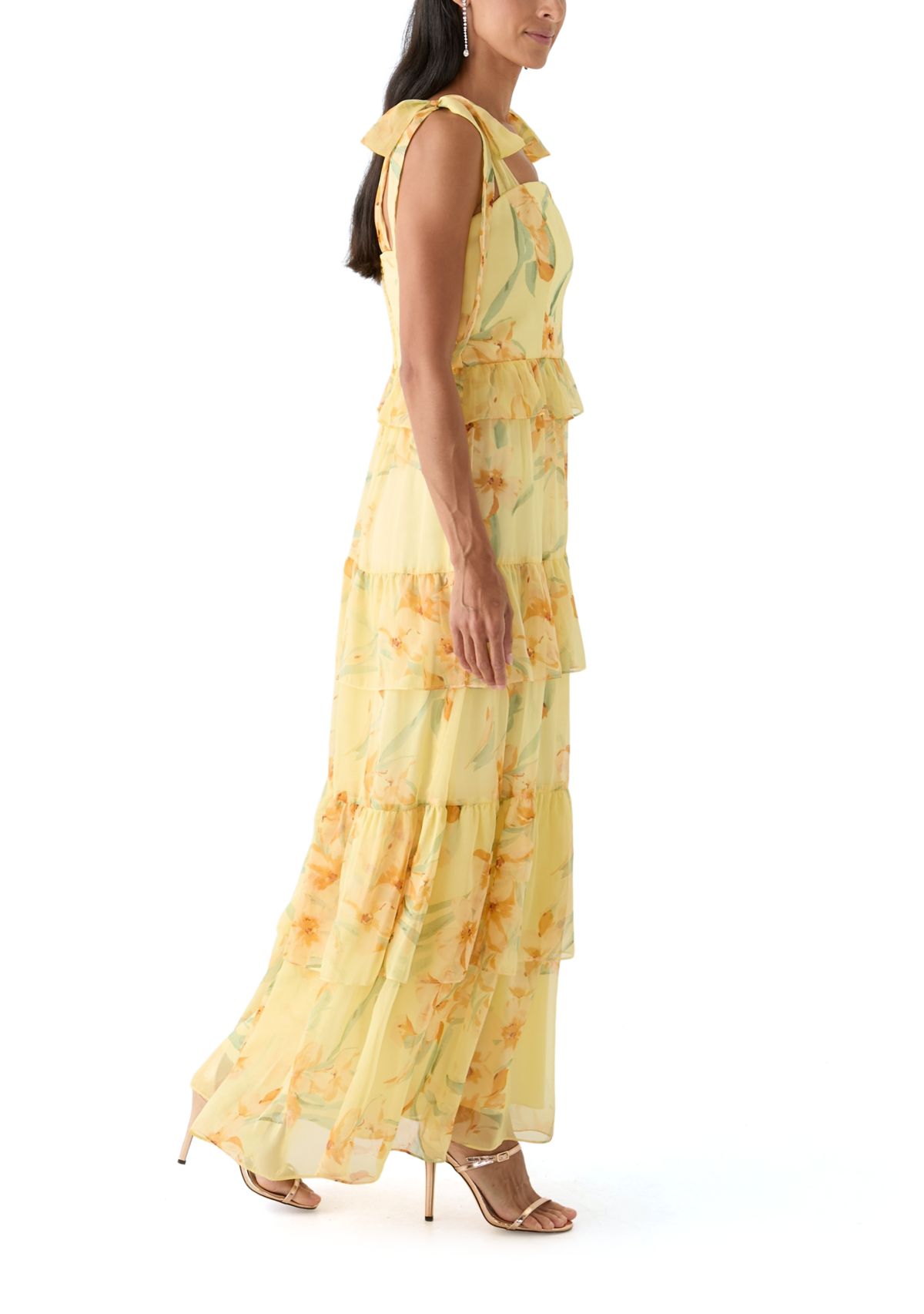Womens Sleeveless Floral Printed Tiered Ruffle Maxi Dress