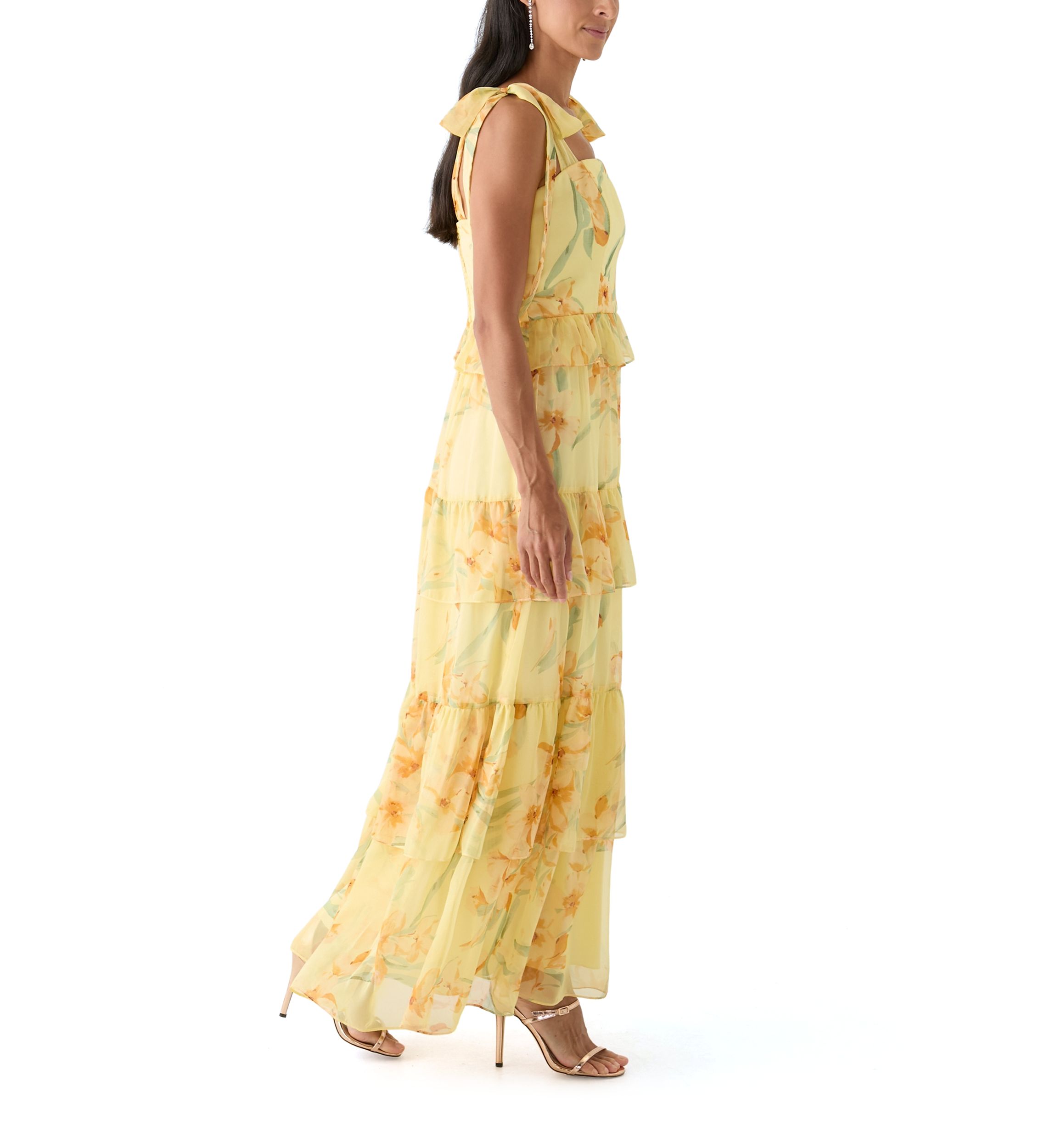 Womens Sleeveless Floral Printed Tiered Ruffle Maxi Dress