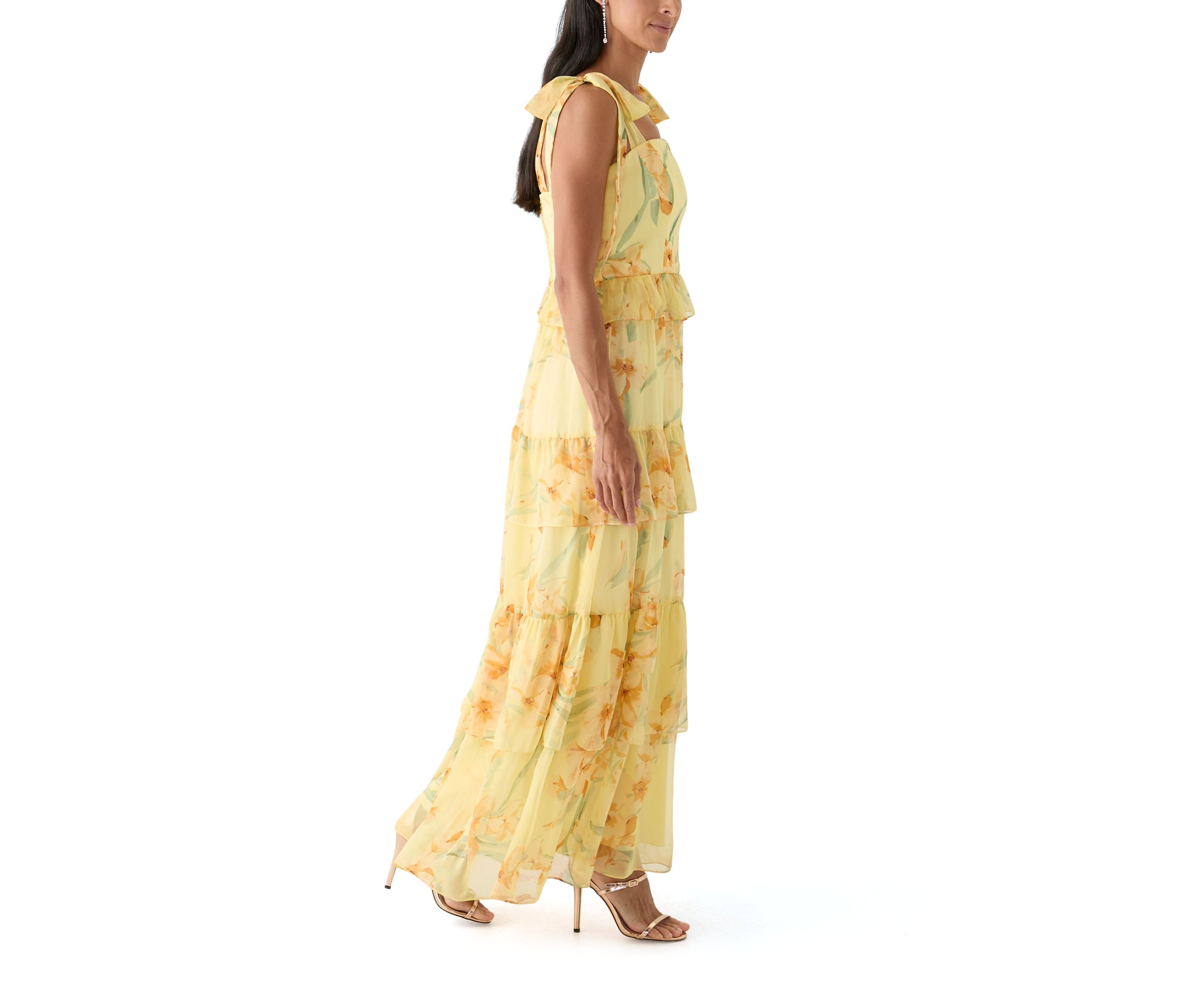 Womens Sleeveless Floral Printed Tiered Ruffle Maxi Dress