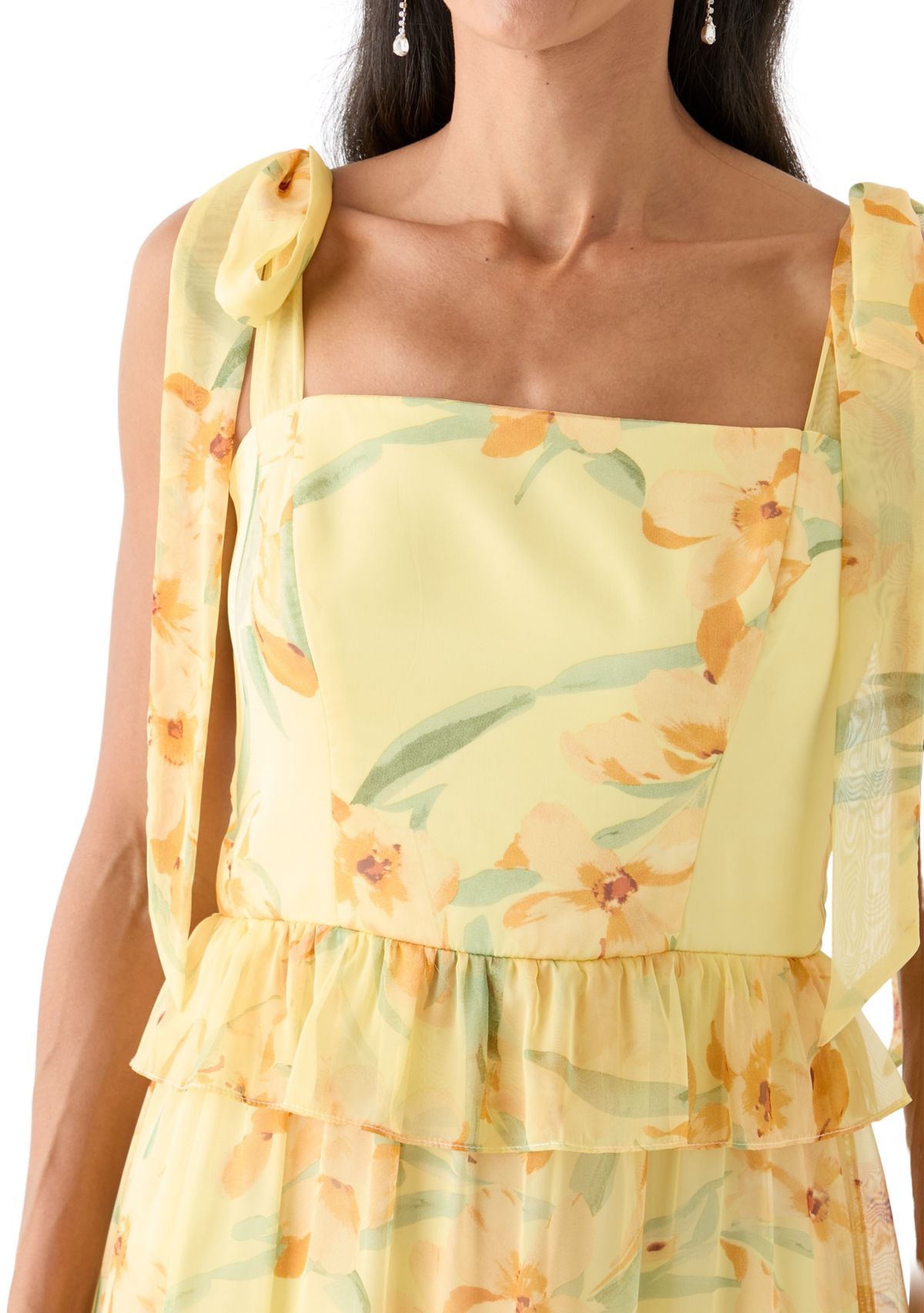 Womens Sleeveless Floral Printed Tiered Ruffle Maxi Dress